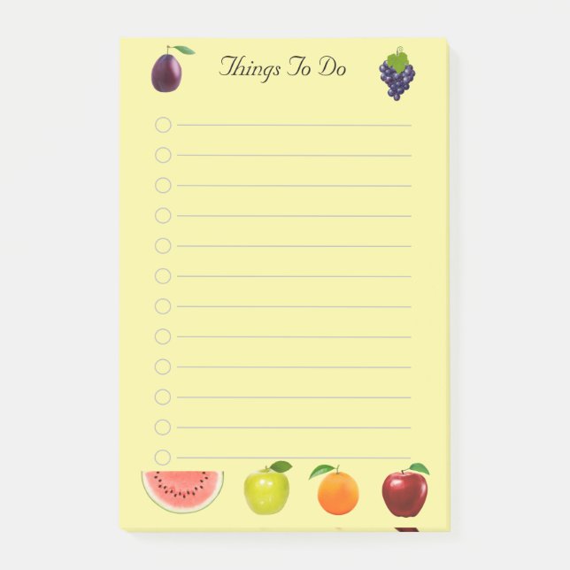 Bloco De Notas Melancia Maçã & Uvas Frutas em Notas Amarelas (Frente)