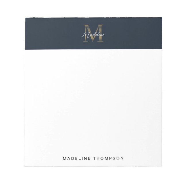 Bloco De Notas Minimalist Script Metallic Navy Blue Gold Monogram (Frente)