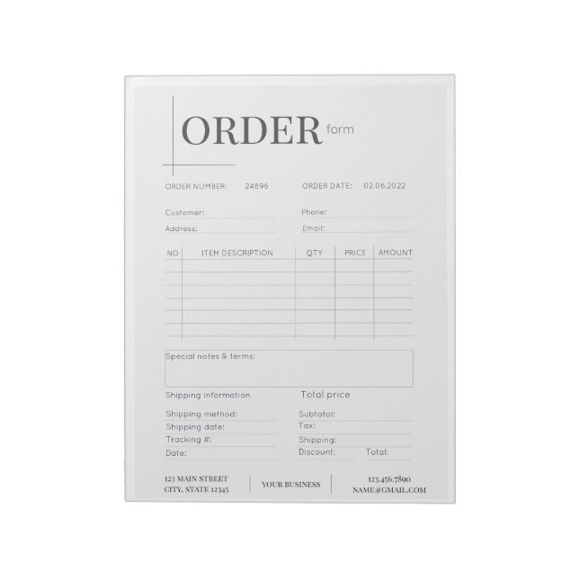 Bloco De Notas Minimalistic Black & White Business Order Form (Invertido)