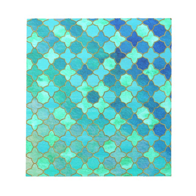Bloco De Notas Mint Aqua Teal Dourado Padrão do Azulejo Oriental  (Frente)
