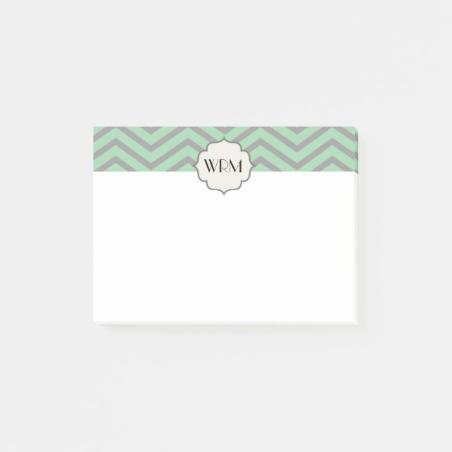 Bloco De Notas Mint Green Cinza Chevron Monograma Com Padrão (Frente)