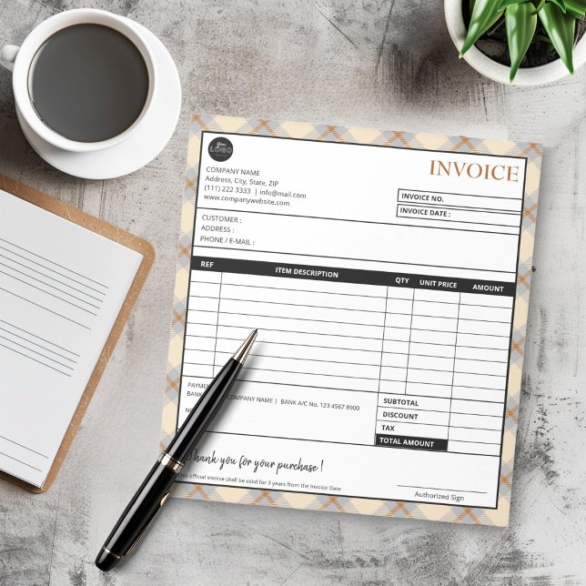 Bloco De Notas Modelo de Fatura Comercial de Borda de Xadrez Simp (Simple Peach Plaid Border Business Invoice Template)