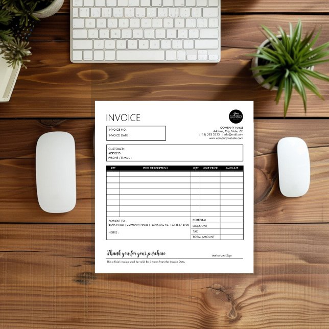 Bloco De Notas Modelo de Fatura Profissional Branca Preta (Black White Professional Business Invoice Template Notepad desk top mock up)
