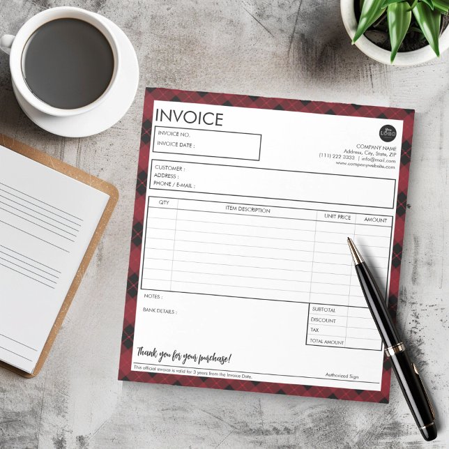 Bloco De Notas Modelo de fatura simples personalizado com borda x (Minimalist Red Plaid Border Business Invoice Template Notepad)