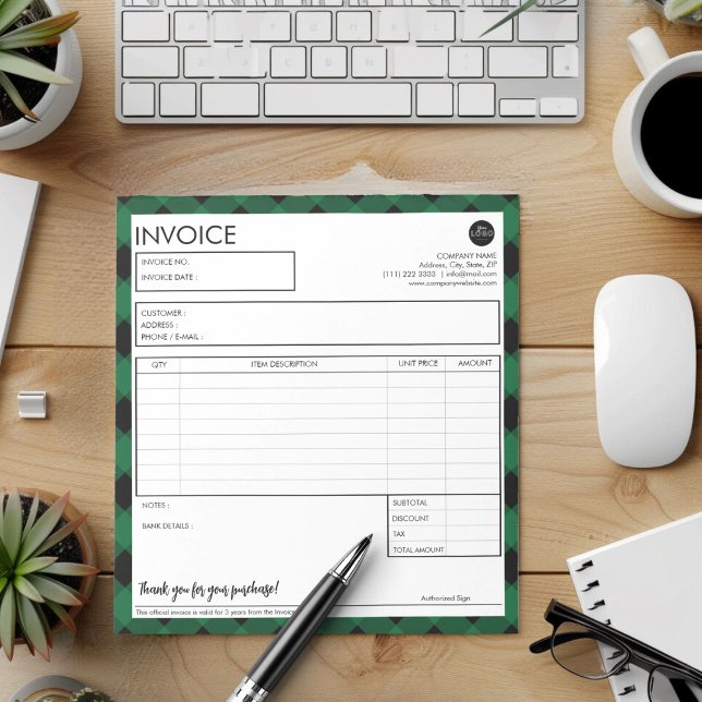 Bloco De Notas Modelo de fatura simples personalizado com borda x (Simple Green Plaid Border Business Invoice Template)