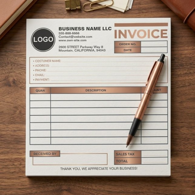 Bloco De Notas Modelo de Formulário de Venda de Fatura Comercial  (printed business sales tracker, company logo receipt book, modern minimalist invoice notepad, pro)