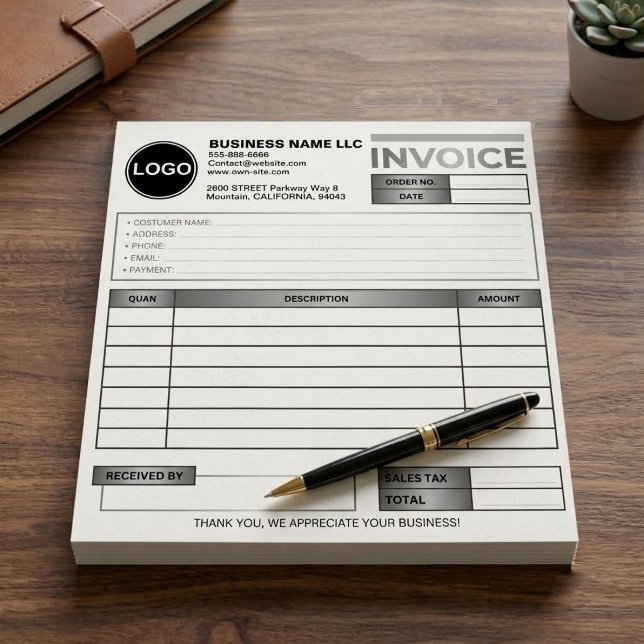 Bloco De Notas Modelo de formulário de vendas de fatura comercial (custom silver logo invoice pad, black white business receipt book, custom small business sales form)