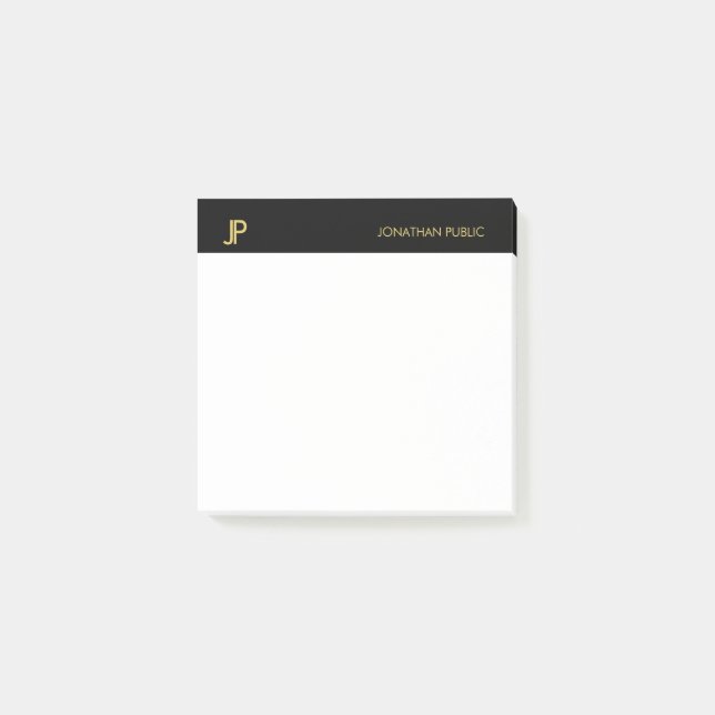Bloco De Notas Modelo Simples Branco Dourado de Monograma Preto (Frente)