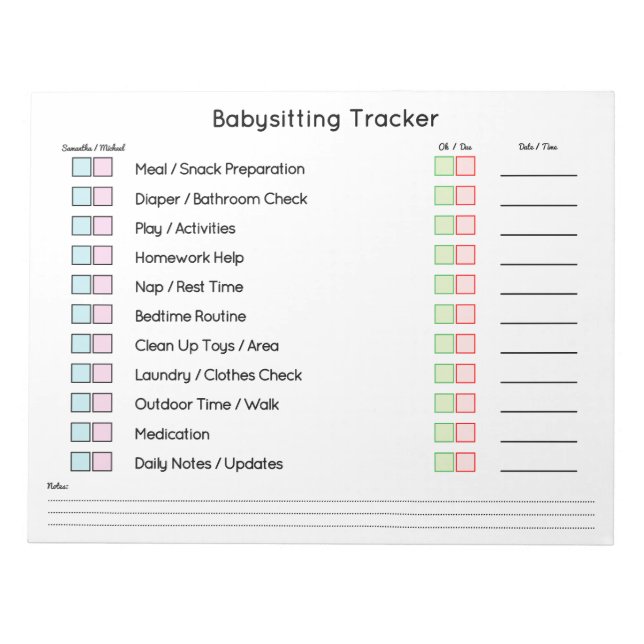 Bloco De Notas Modern Babysitting Tracker Task Planner (Frente)