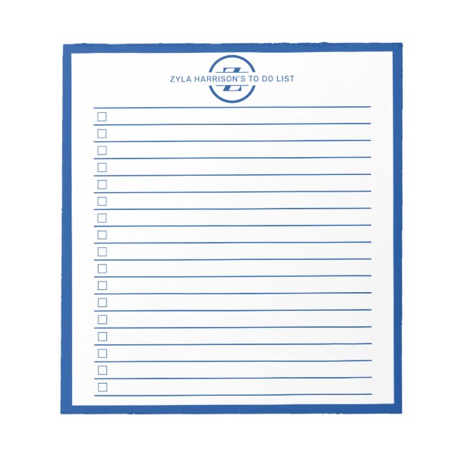 Bloco De Notas Modern Blue Monogram Name To Do List (Frente)