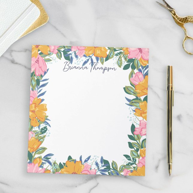 Bloco De Notas Modern Lush Pink & Yellow Floral Frame (Criador carregado)