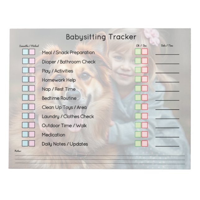 Bloco De Notas Modern Photo Babysitting Tracker Task Planner (Frente)