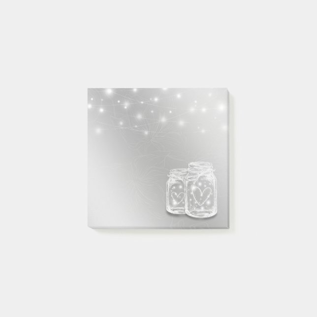 Bloco De Notas Moderno Chic Mason Jars String Luz Flor Prateado (Frente)