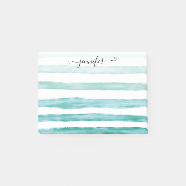 Bloco De Notas Mola Verde-Teal Moderna Stripe Girly Script (Frente)