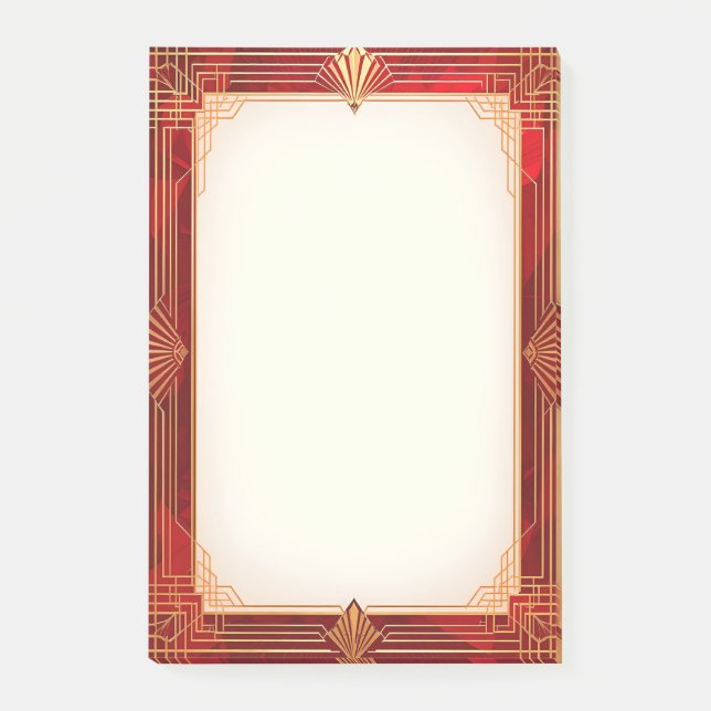 Bloco De Notas Moldura Art Déco Dourada sobre Vermelho (Frente)