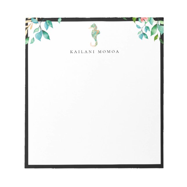 Bloco De Notas Moldura Preta Cavalo-Marinho Floral Botânico (Frente)