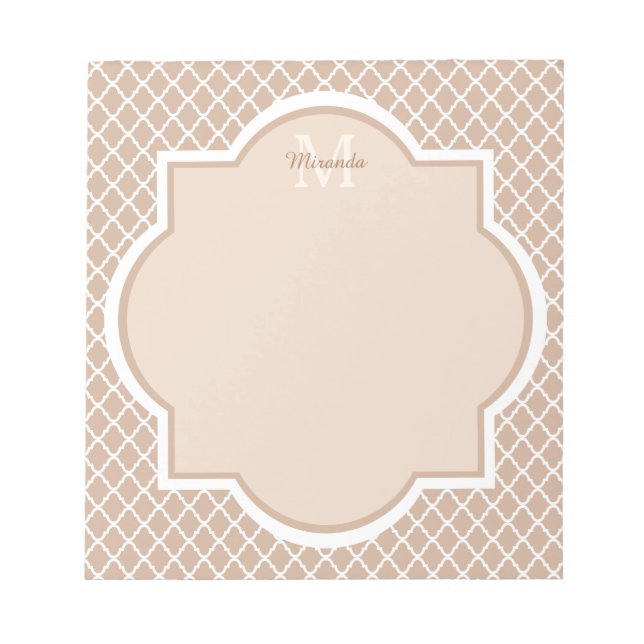 Bloco De Notas Mongograma De Quatrefoil Preppy Tan (Frente)