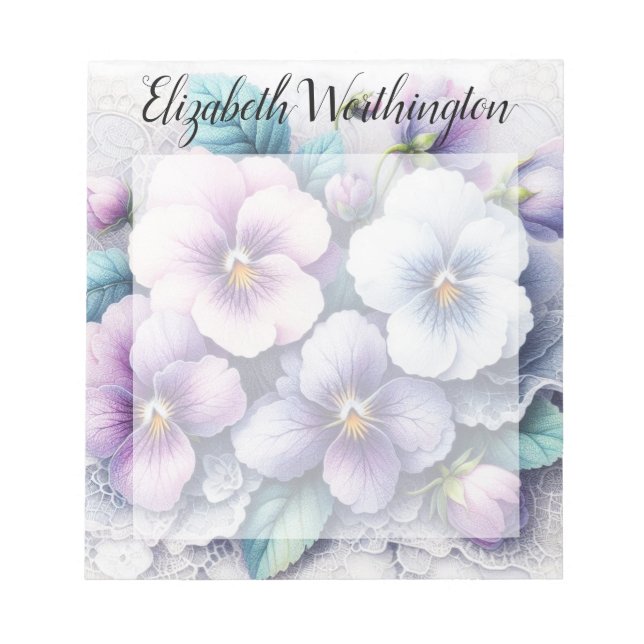 Bloco De Notas Monogram lace floral pink purple pansies flowers  (Frente)