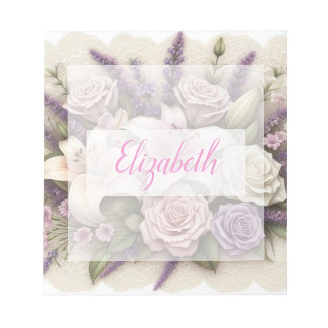 Bloco De Notas Monogram lace floral purple roses lavender lilies  (Frente)