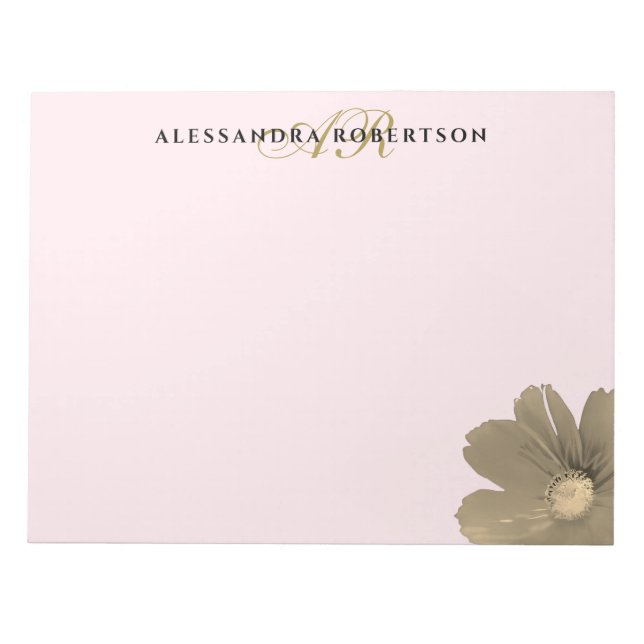 Bloco De Notas Monogram Pastel Pink Gold Watercolor Wildflower  (Frente)