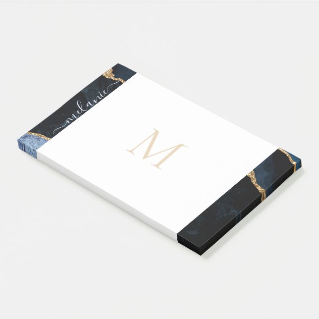Bloco De Notas Monograma Agate Marinho Azul Glitter Dourado (Inclinado)