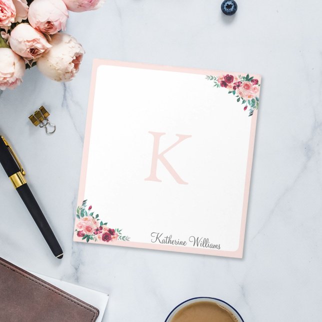 Bloco De Notas Monograma Aquarela Boho Rosa Brilhante Rosa (In situ Office desk)