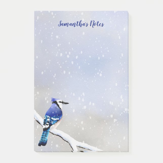 Bloco De Notas Monograma Aquarela Inverno Pássaro Azul (Frente)