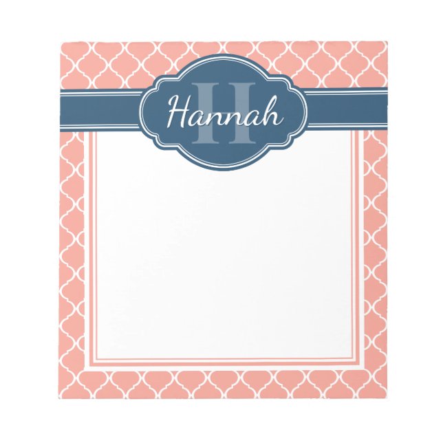 Bloco De Notas Monograma Azul de Padrão de Lata Branca Rosa (Frente)