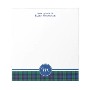 Bloco De Notas Monograma azul e verde do Tartan da família de