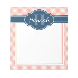 Bloco De Notas Monograma Azul, Padrão de Xadrez Branca Rosa