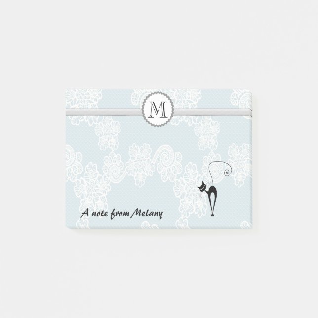 Bloco De Notas Monograma branco elegante de na moda preto (Frente)