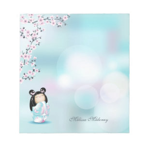 Bloco De Notas Monograma da Turquesa Rosa Kokeshi