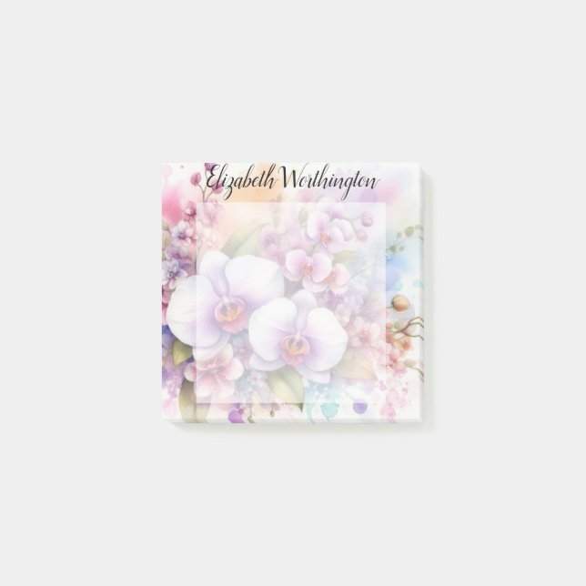 Bloco De Notas Monograma de aquarela floral com flores de orquíde (Frente)