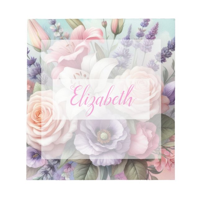Bloco De Notas Monograma de aquarela floral com flores rosa roxo  (Frente)
