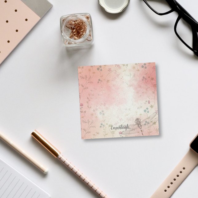 Bloco De Notas Monograma de Dragonfly Floral | Verde rosa (Criador carregado)