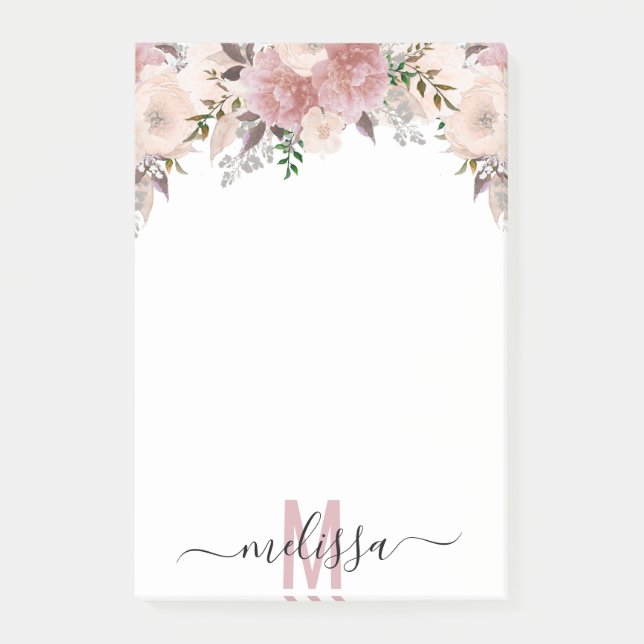 Bloco De Notas Monograma de flor floral de aquarela rosa poeirent (Frente)
