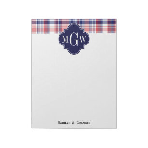 Bloco De Notas Monograma de Madras Azul Vermelho Azul