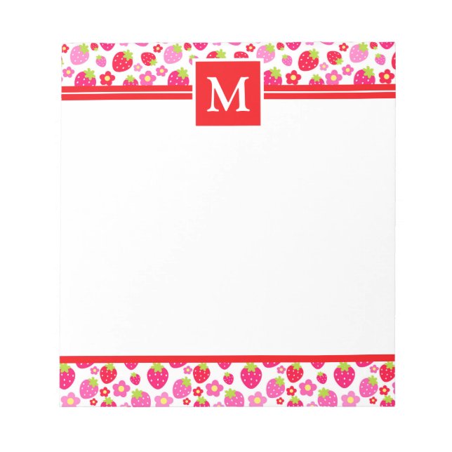 Bloco De Notas Monograma de Morangos Vermelhos e Rosa (Frente)