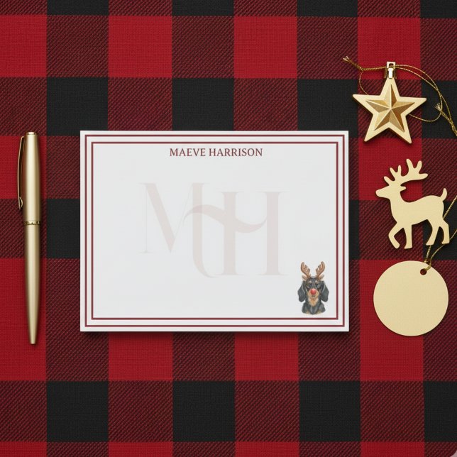 Bloco De Notas Monograma de Natal Dachshund Rena (Gift custom holiday stationery to the dog lover in your life! )