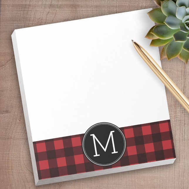 Bloco De Notas Monograma de Padrão de Xadrez de Buffalo Vermelho  (Personalized Notepad)
