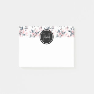 Bloco De Notas Monograma de Padrão Flor de Aquarela Rosa e Cinza