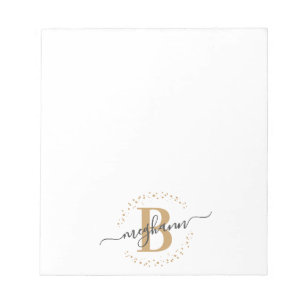 Bloco De Notas Monograma de Script de Nome Dourado Branco Moderno