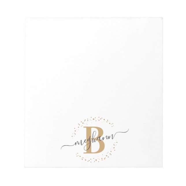Bloco De Notas Monograma de Script de Nome Dourado Branco Moderno (Frente)
