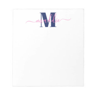 Bloco De Notas Monograma de Script Girly Trendy, Azul e Rosa