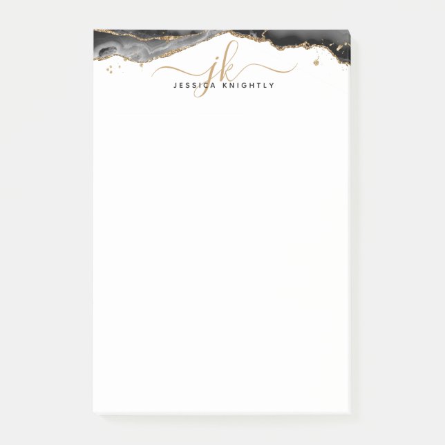 Bloco De Notas Monograma de Script Glitter Dourado de Geodo de Ag (Frente)