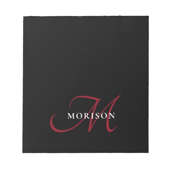Bloco De Notas Monograma de Script Vermelho Preto Moderno Elegant (Frente)
