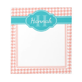 Bloco De Notas Monograma de Teal de Padrão de Houndstooth Rosa