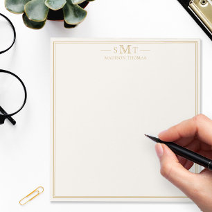 Bloco De Notas Monograma de Três Letras Elegante Marfim Dourado