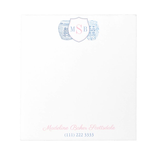 Bloco De Notas Monograma Do Gengibre Azul, Cor-De-Rosa (Frente)