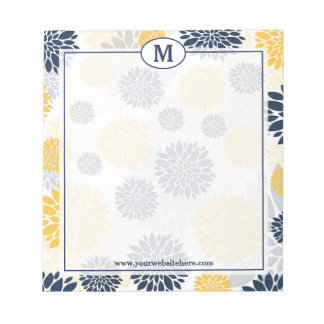 Bloco De Notas Monograma do padrão floral azul e Dourado marinho